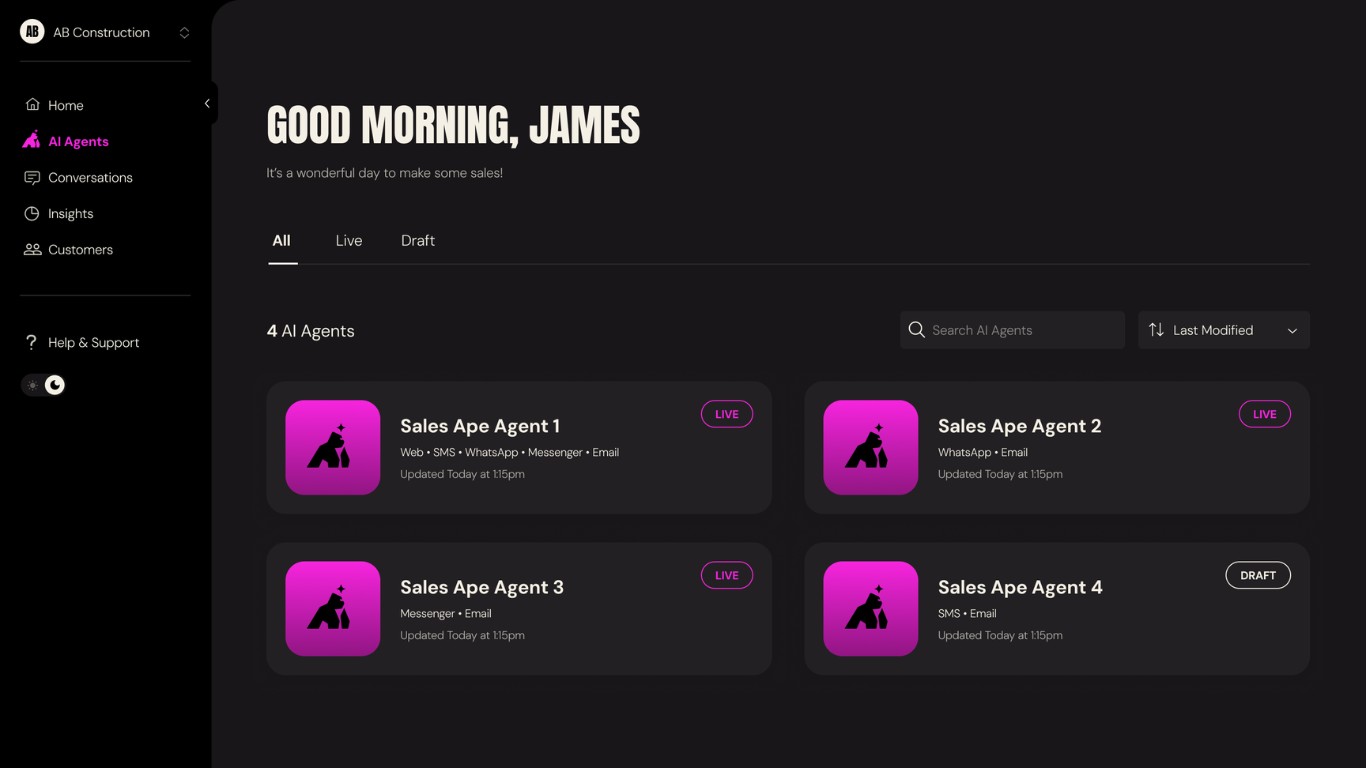 Customer landing page in detailing AI agents in black and pink Customer landing page in detailing AI agents in black and pink